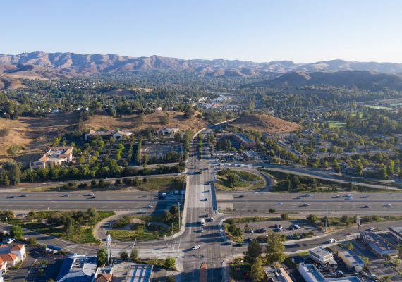 Agoura Hills, CA - Aug 26, 2020: Aerial view along Agoura Hills and the Ventura Freeway in Los Angeles County, California.