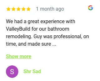 Five-star Google review from a ValleyBuild remodeling customer